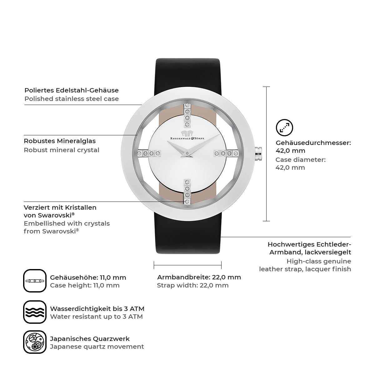 Damen Quarzuhr silber Echtleder schwarz