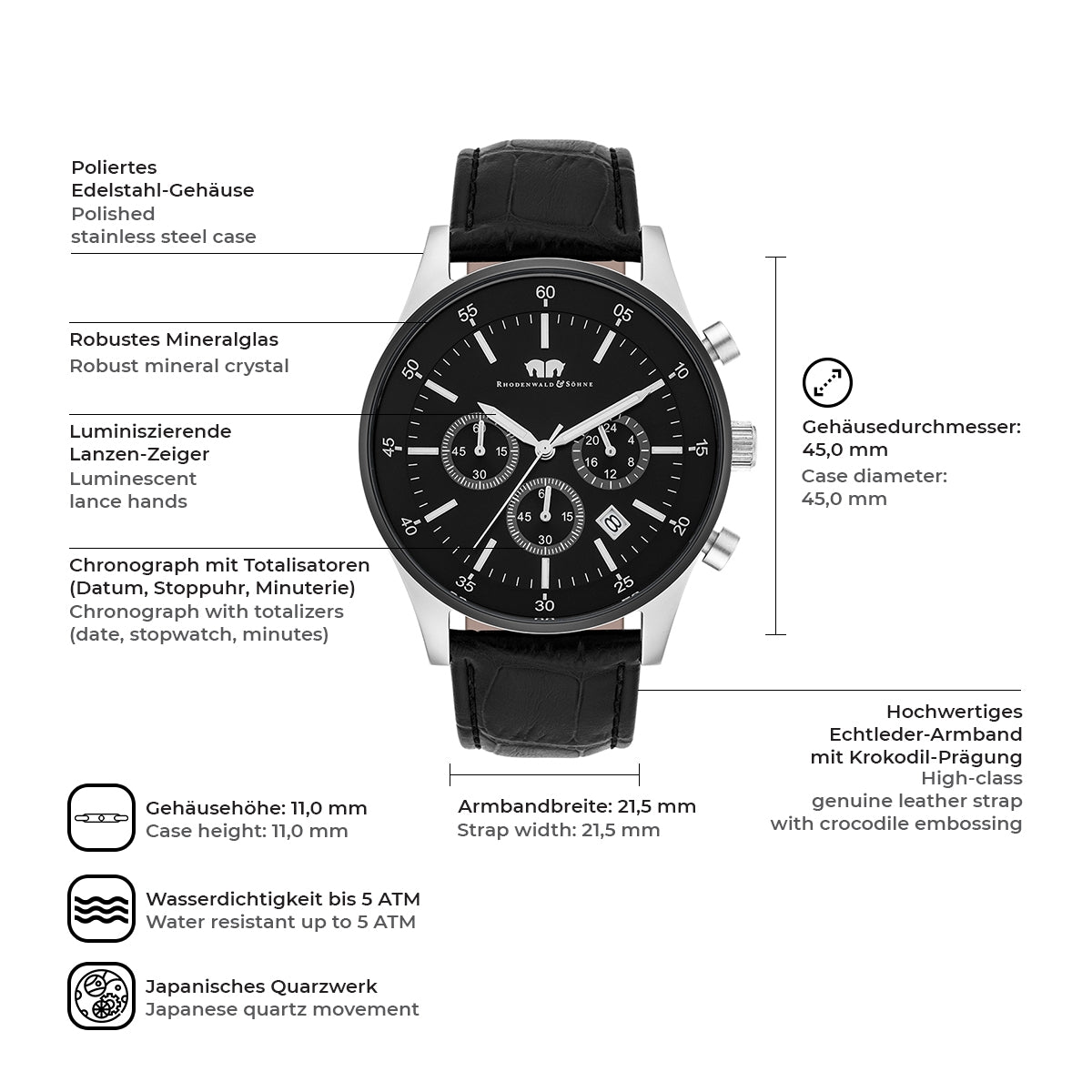 Herren Chronograph silber/schwarz Echtleder schwarz