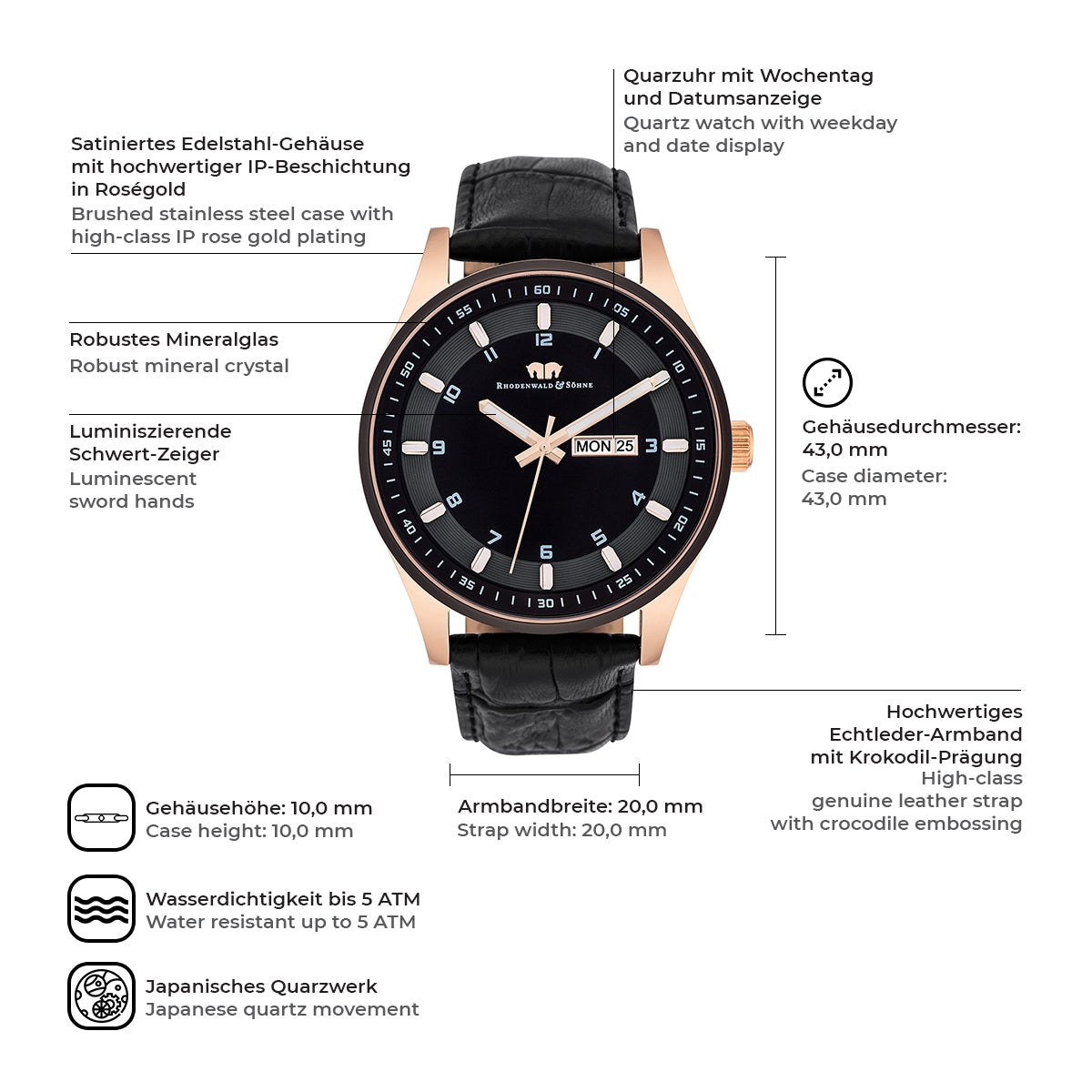 Herren Quarzuhr roségold Echtleder schwarz
