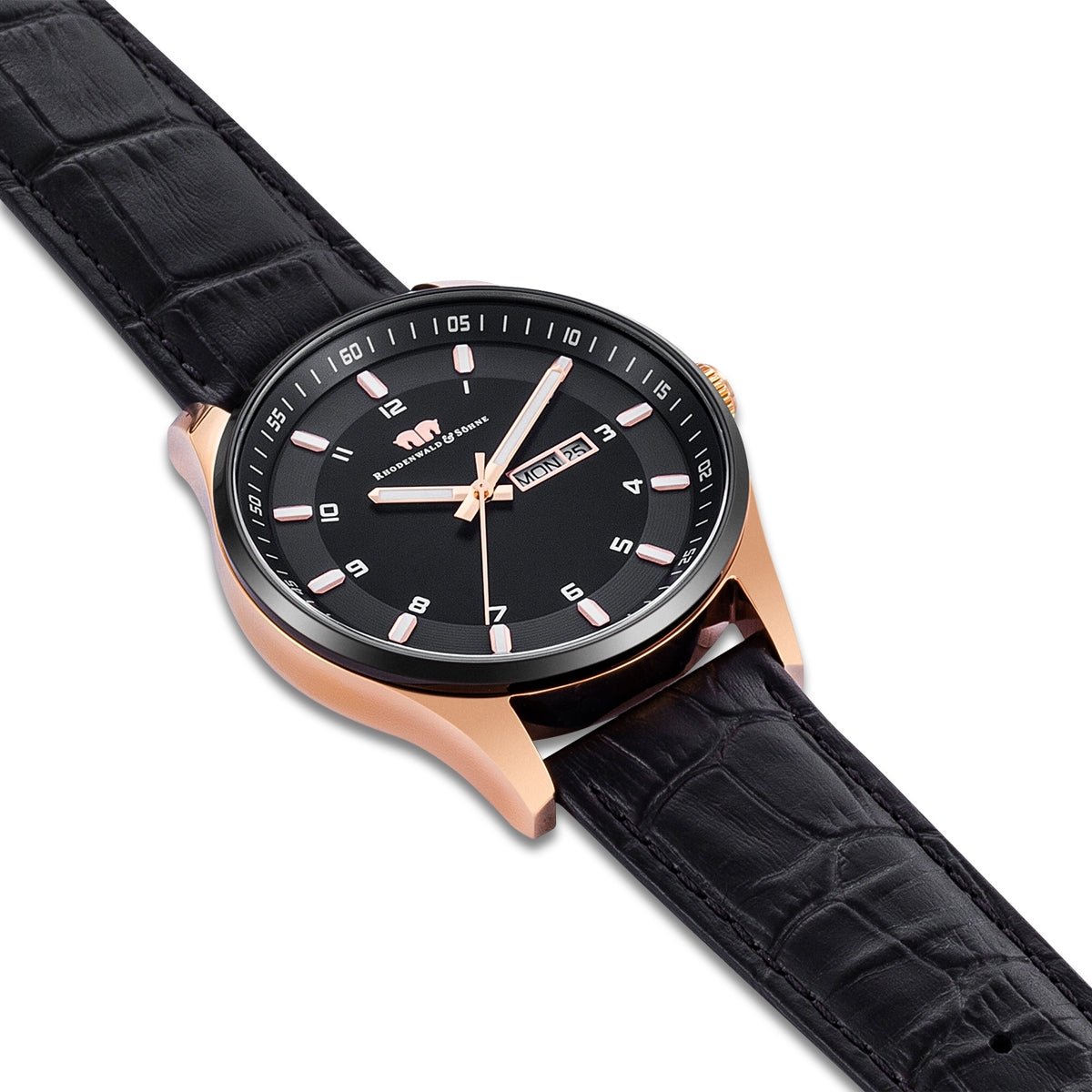 Herren Quarzuhr roségold Echtleder schwarz
