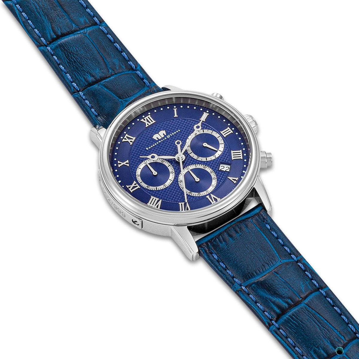 Herren Chronograph silber Echtleder blau