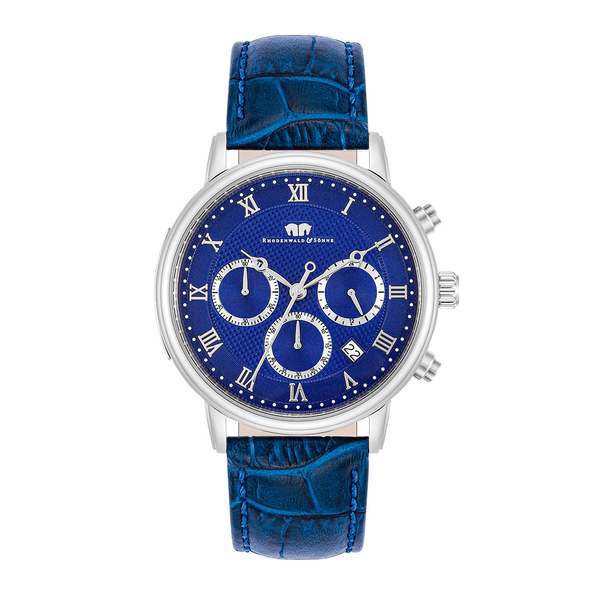 Herren Chronograph silber Echtleder blau