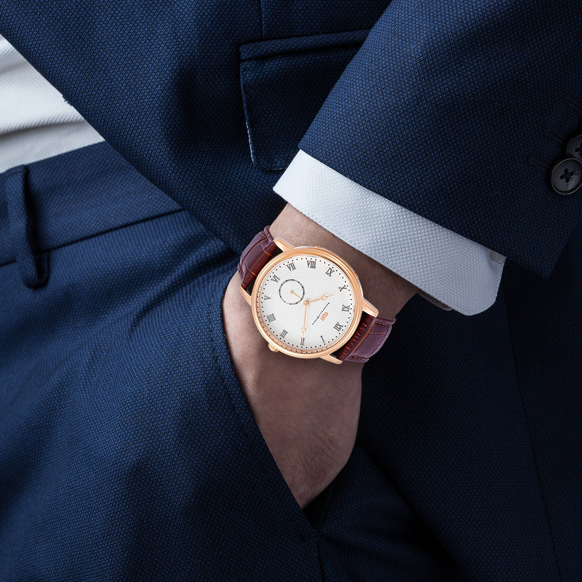 Herren Quarzuhr roségold Echtleder braun