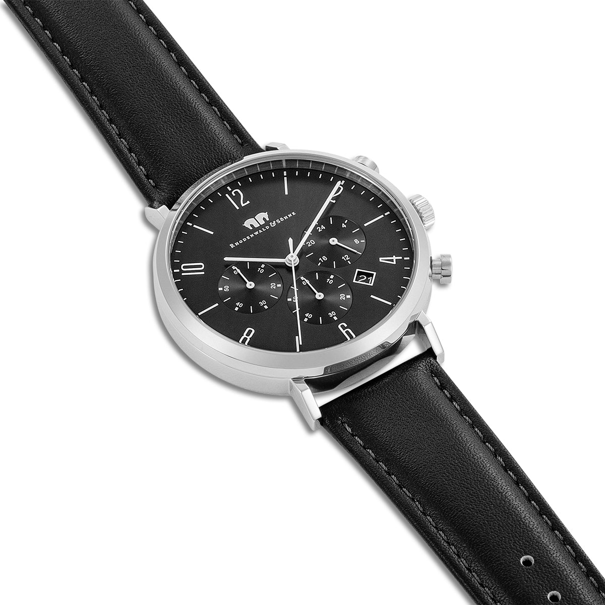 Herren Chronograph silber Echtleder schwarz