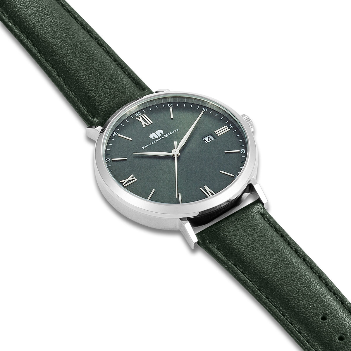 Herren Quarzuhr silber Echtleder grün