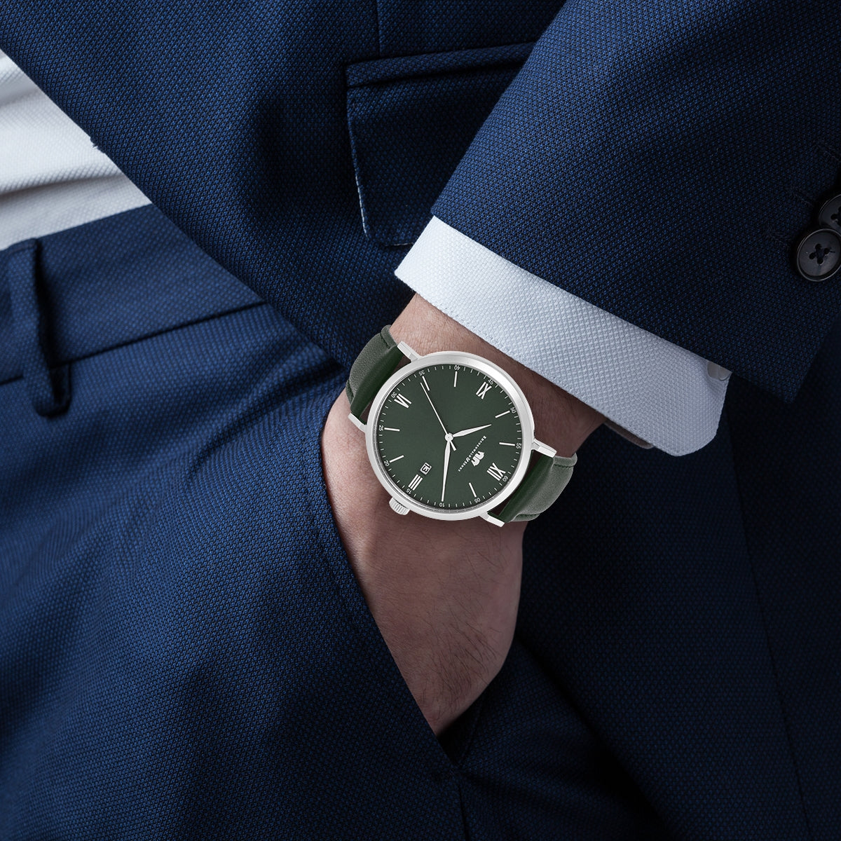 Herren Quarzuhr silber Echtleder grün