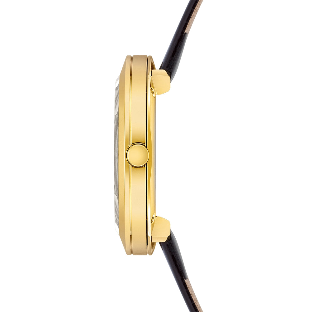 
                  
                    Damen Quarzuhr gelbgold Echtleder dunkelbraun
                  
                