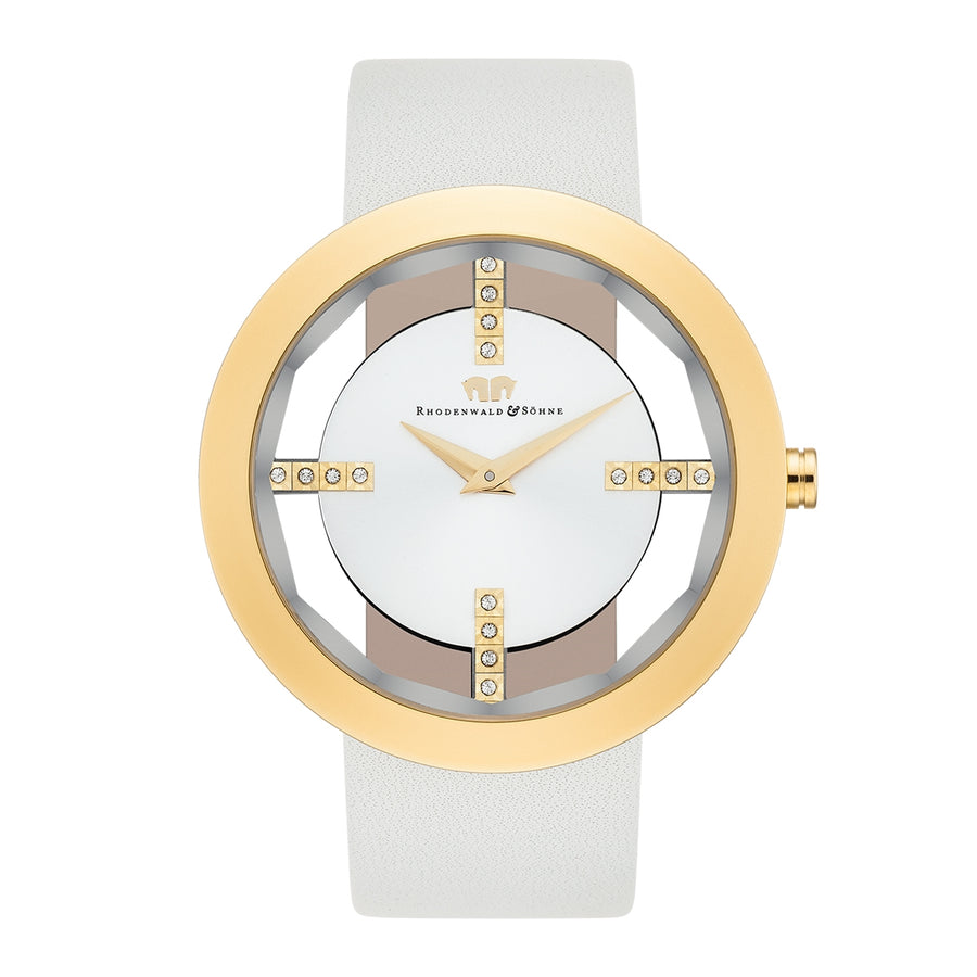 Damen Quarzuhr gelbgold Echtleder creme-weiß