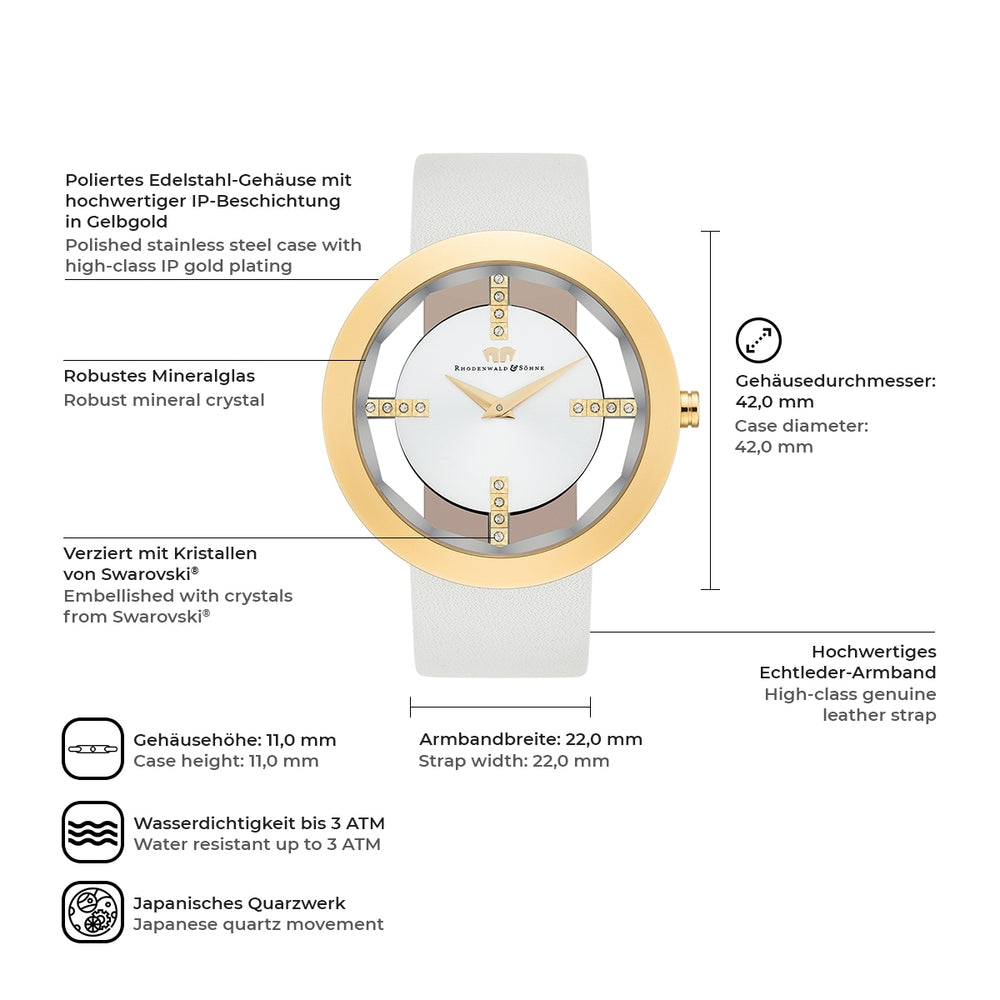 
                  
                    Damen Quarzuhr gelbgold Echtleder creme-weiß
                  
                