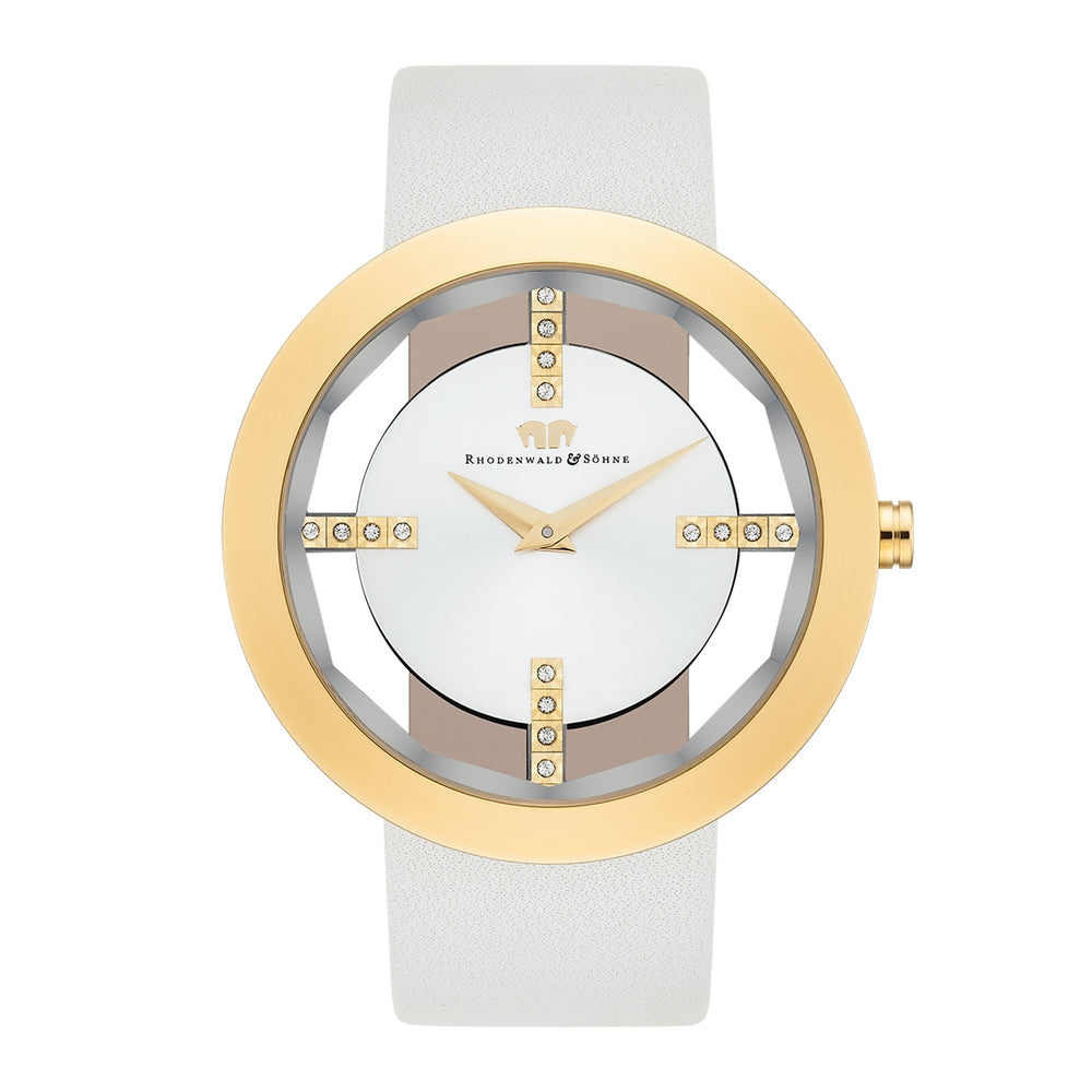Damen Quarzuhr gelbgold Echtleder creme-weiß