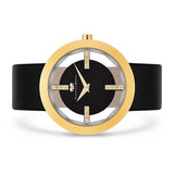 Damen Quarzuhr gelbgold Echtleder schwarz
