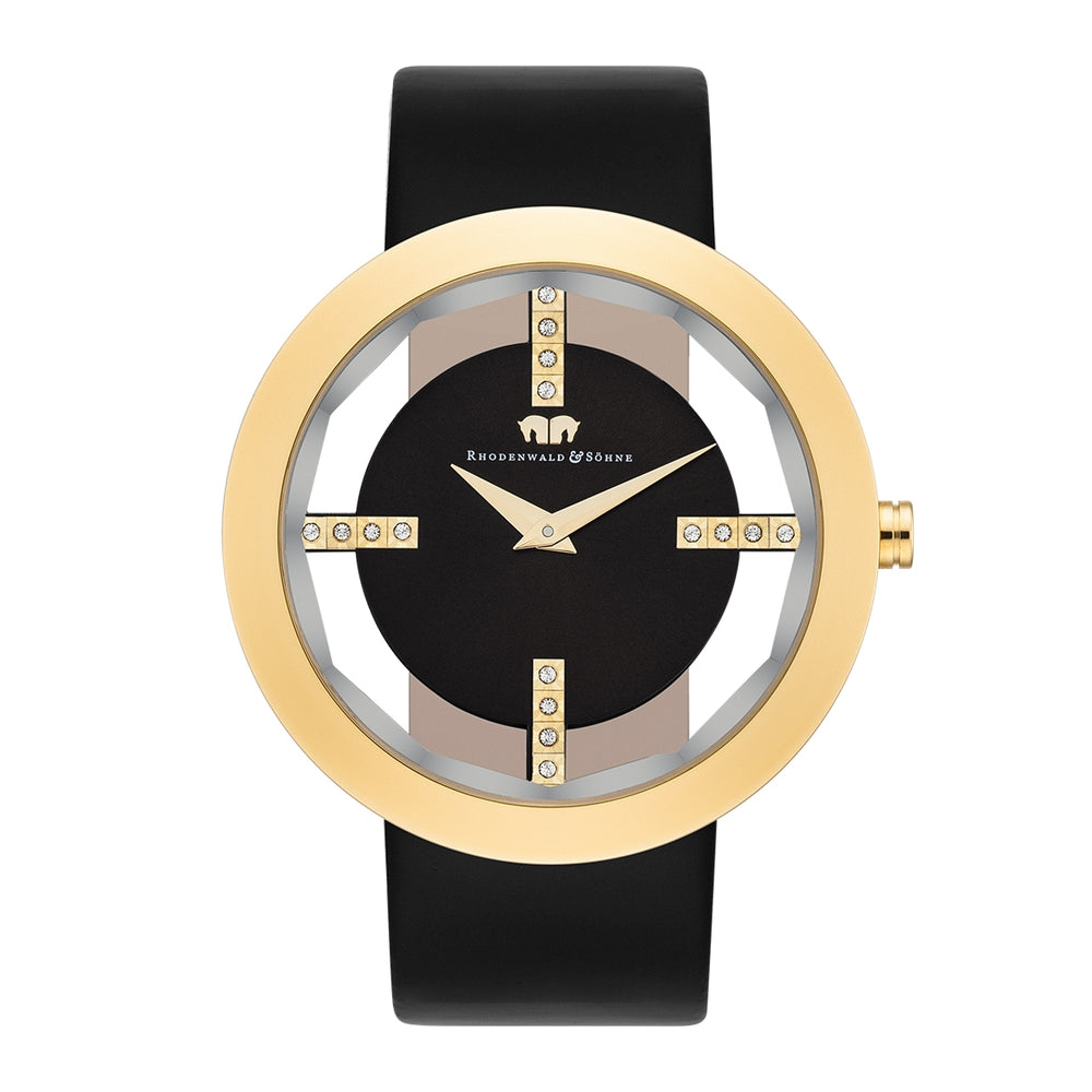Damen Quarzuhr gelbgold Echtleder schwarz