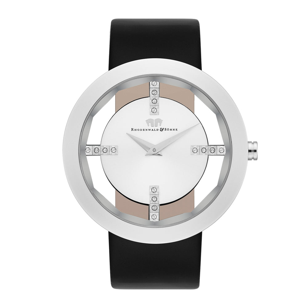 Damen Quarzuhr silber Echtleder schwarz