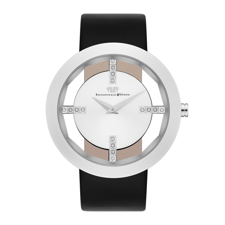 Damen Quarzuhr silber Echtleder schwarz