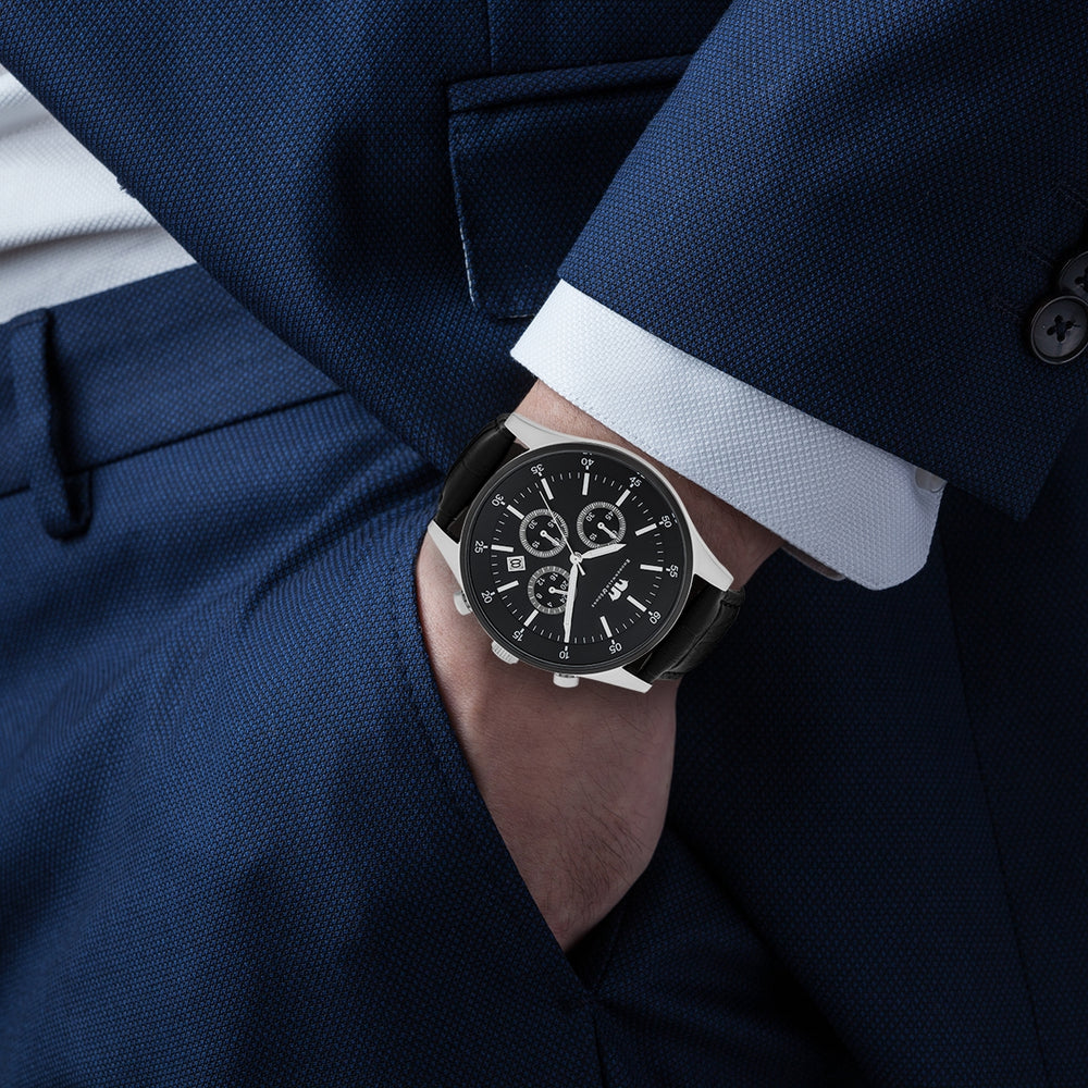 
                  
                    Herren Chronograph silber/schwarz Echtleder schwarz
                  
                