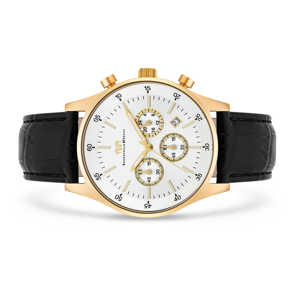 
                  
                    Herren Chronograph gelbgold Echtleder schwarz
                  
                