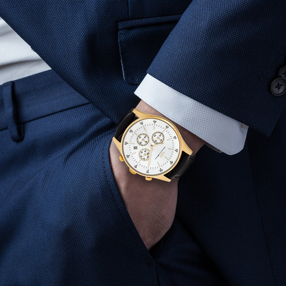 
                  
                    Herren Chronograph gelbgold Echtleder schwarz
                  
                