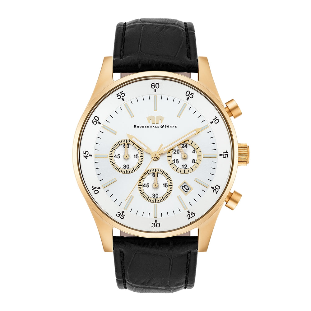 Herren Chronograph gelbgold Echtleder schwarz