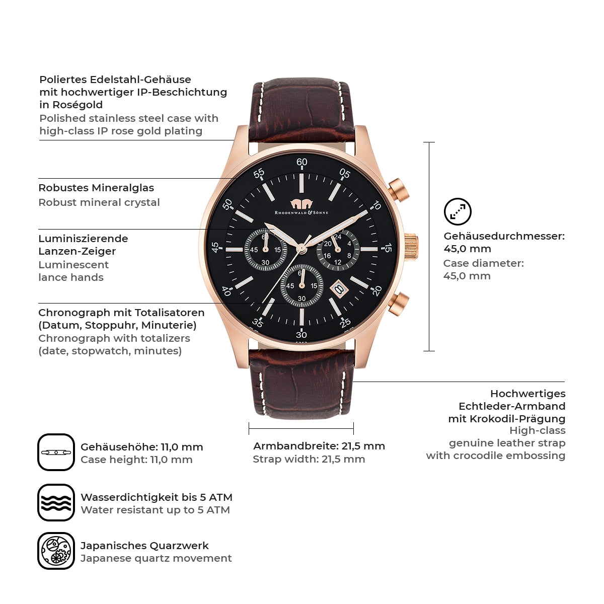 
                  
                    Herren Chronograph roségold Echtleder dunkelbraun
                  
                