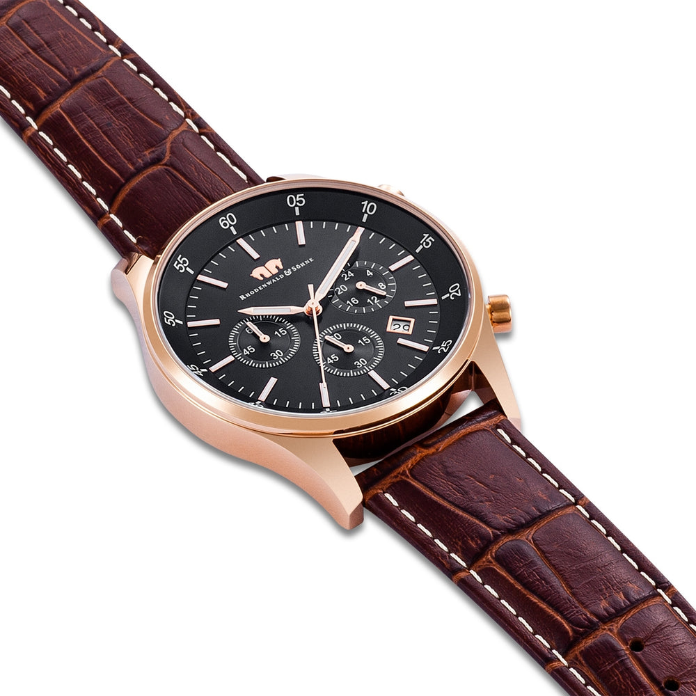 Herren Chronograph roségold Echtleder dunkelbraun – Rhodenwald & Söhne