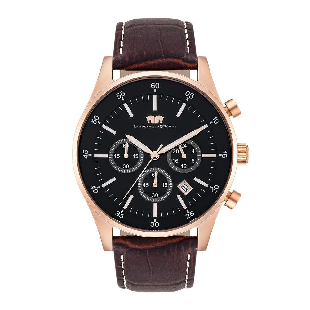 Herren Chronograph roségold Echtleder dunkelbraun
