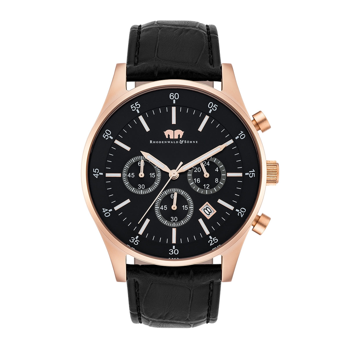 Herren Chronograph roségold Echtleder schwarz