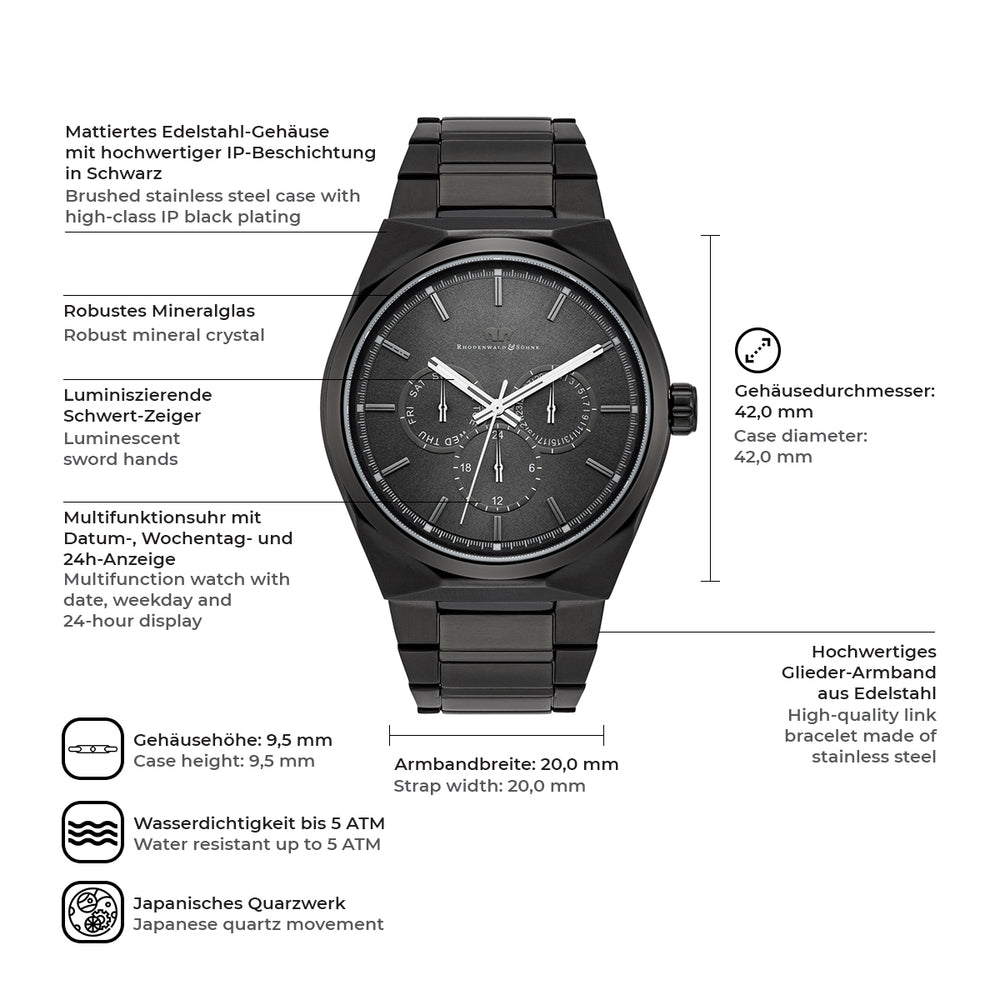 
                  
                    Herren Multifunktionsuhr schwarz Edelstahl schwarz
                  
                