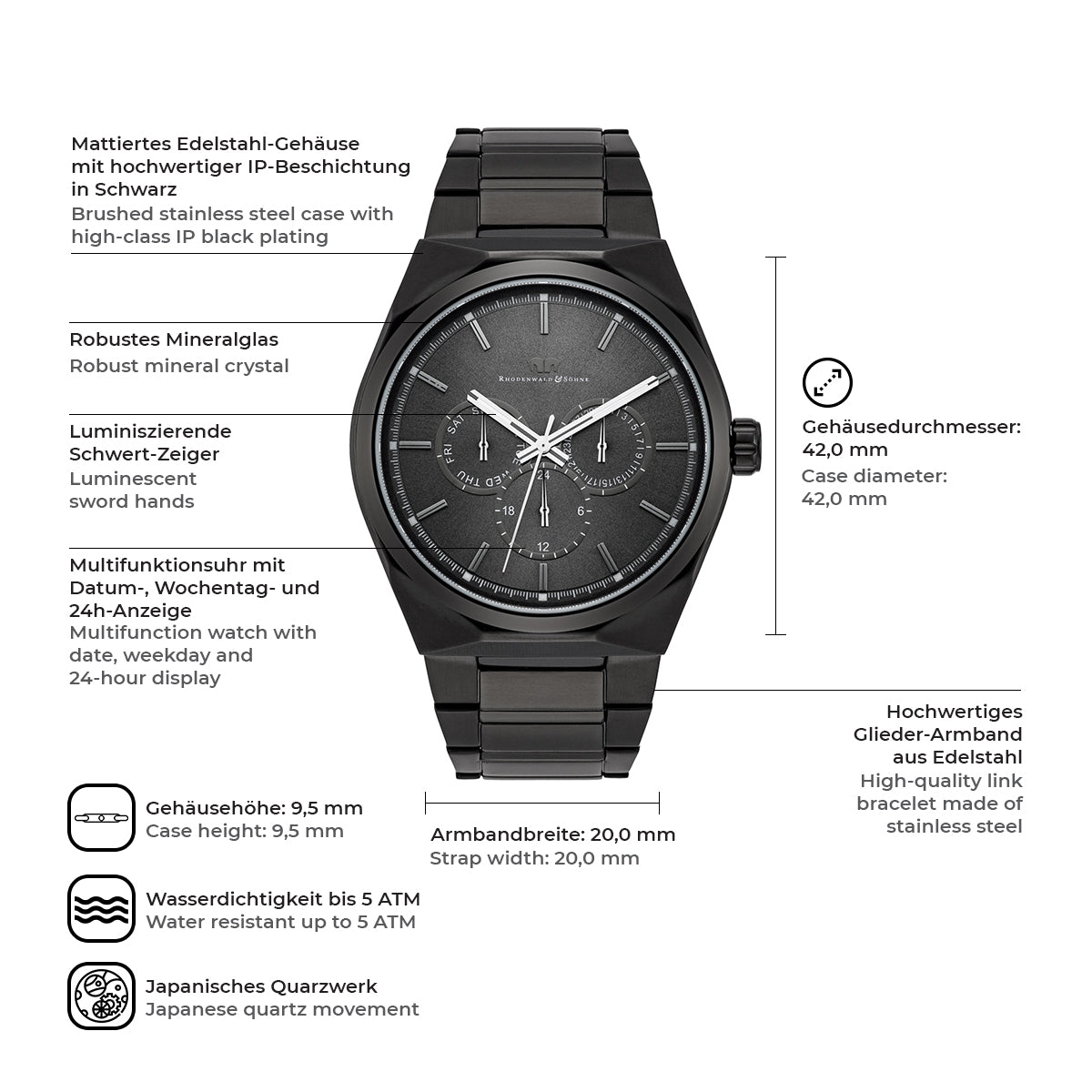 
                  
                    Herren Multifunktionsuhr schwarz Edelstahl schwarz
                  
                