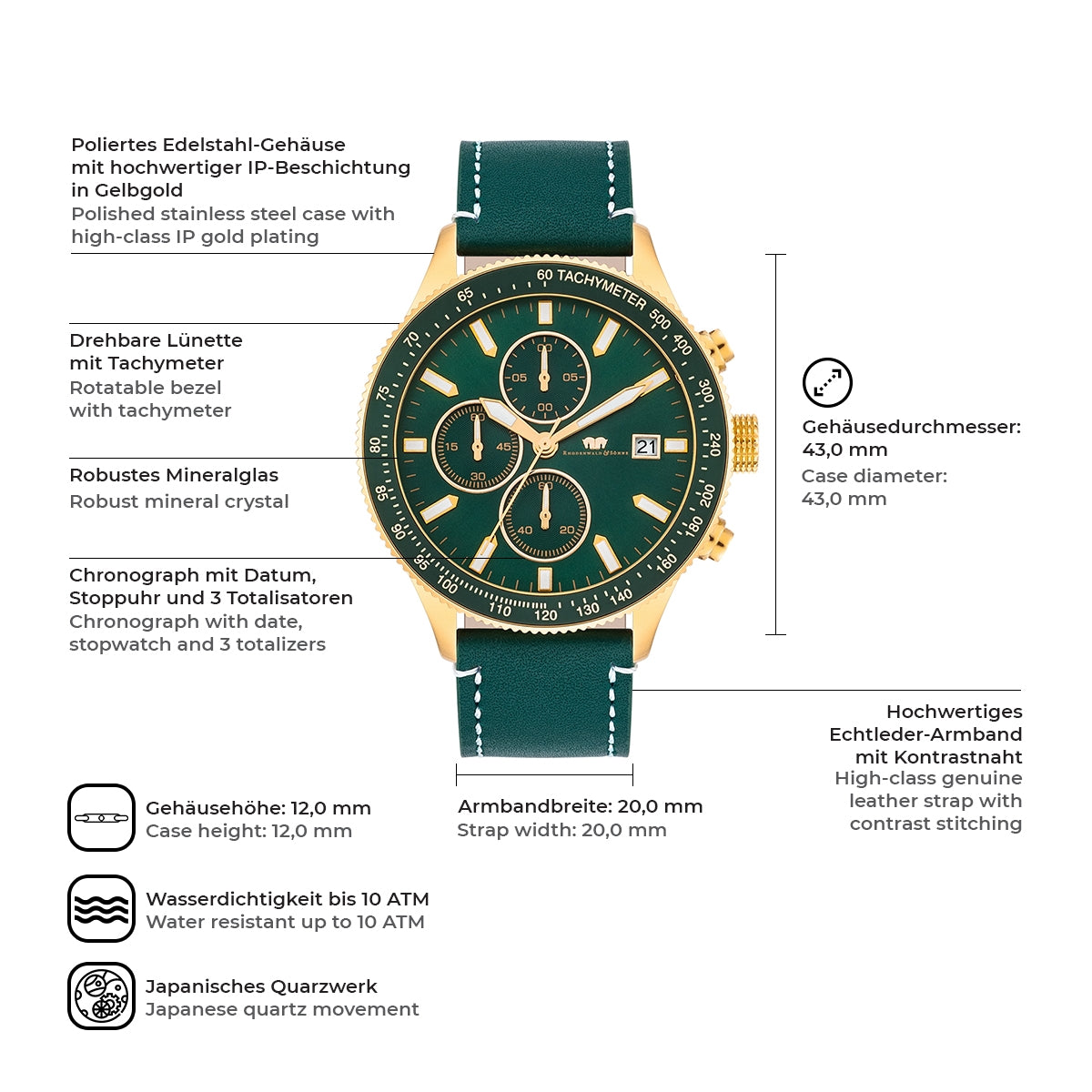 
                  
                    Herren Chronograph gelbgold Echtleder grün
                  
                