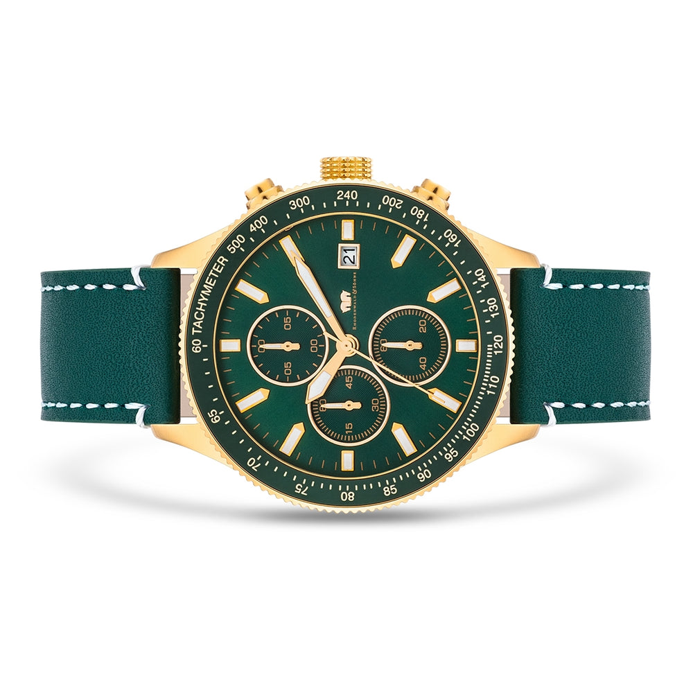 
                  
                    Herren Chronograph gelbgold Echtleder grün
                  
                