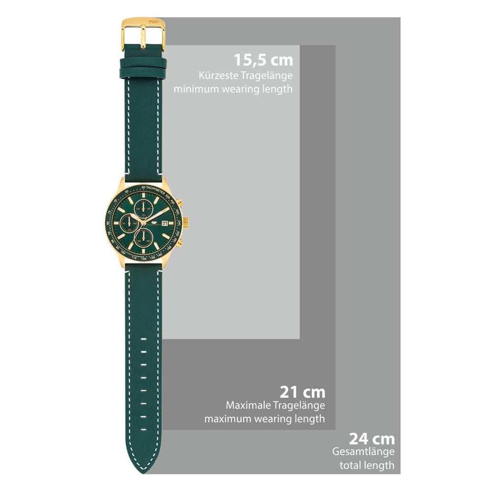
                  
                    Herren Chronograph gelbgold Echtleder grün
                  
                