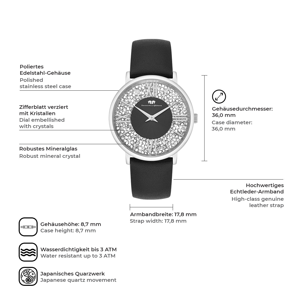 
                  
                    Damen Quarzuhr silber Echtleder schwarz
                  
                