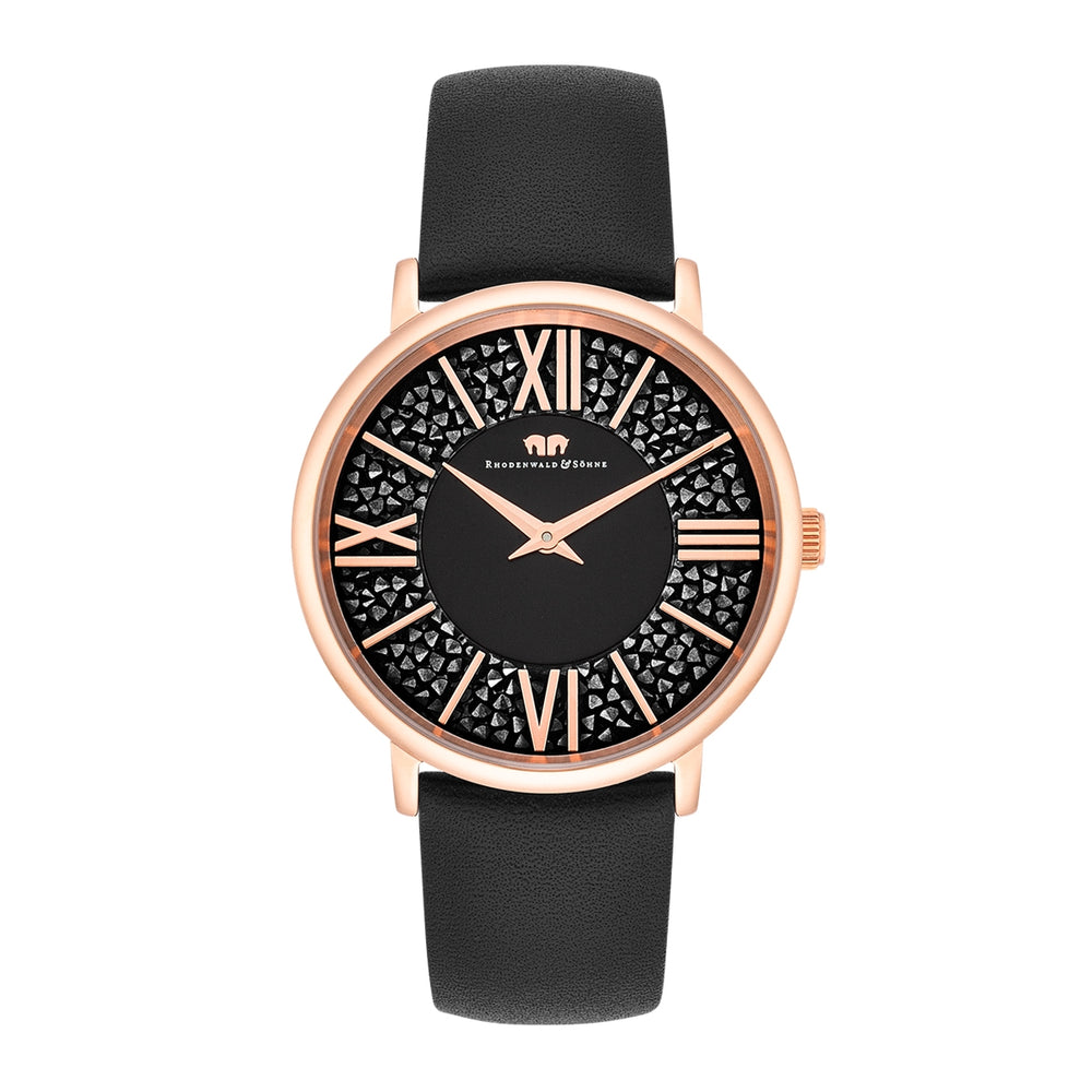 Damen Quarzuhr roségold Echtleder schwarz