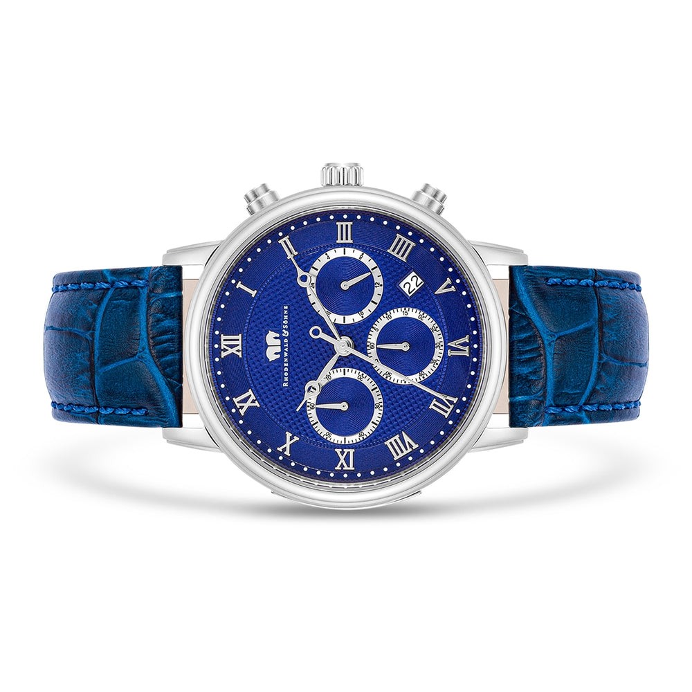 
                  
                    Herren Chronograph silber Echtleder blau
                  
                