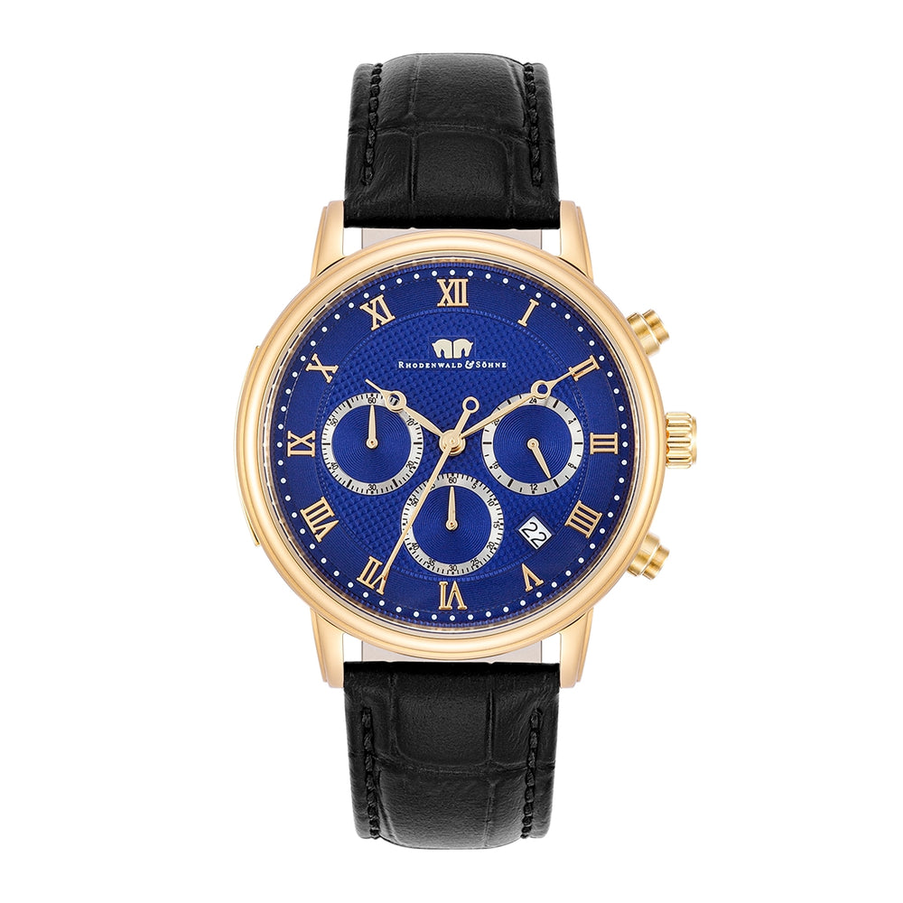 Herren Chronograph gelbgold Echtleder schwarz