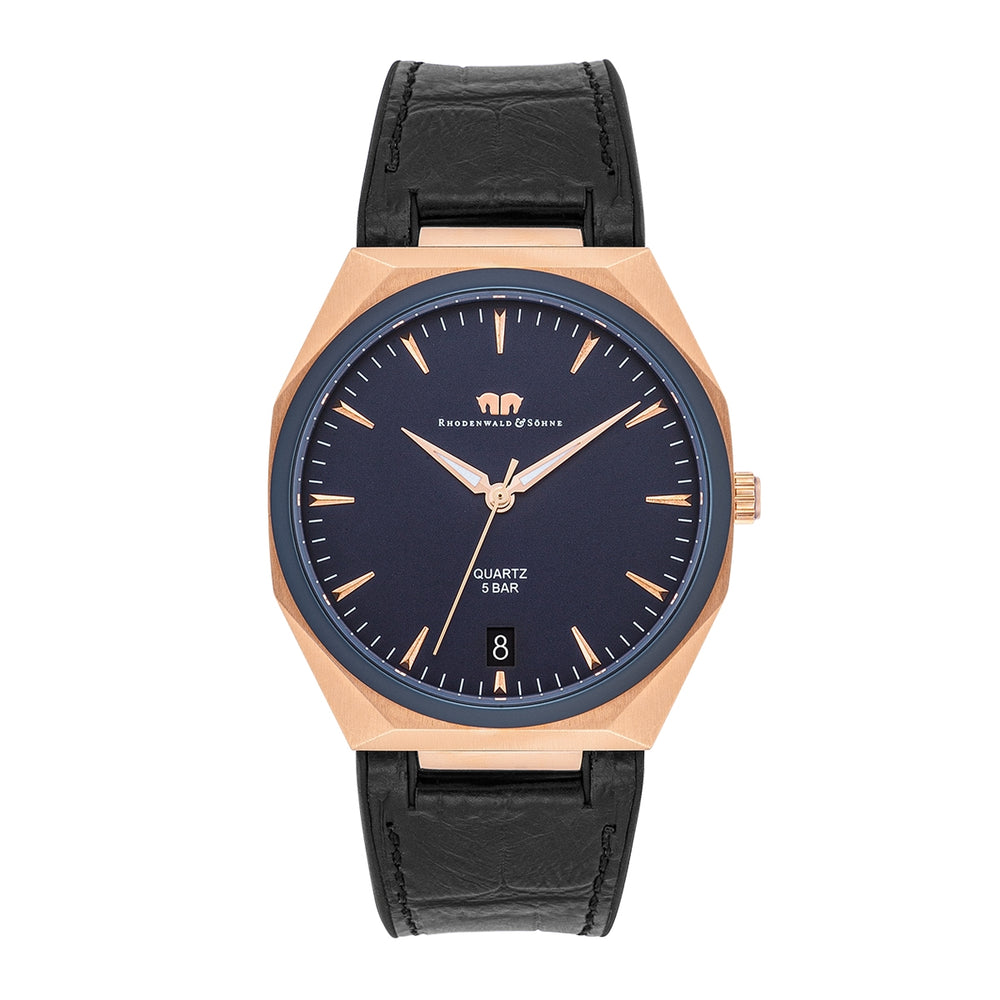 Herren Quarzuhr roségold Echtleder/Silikon schwarz