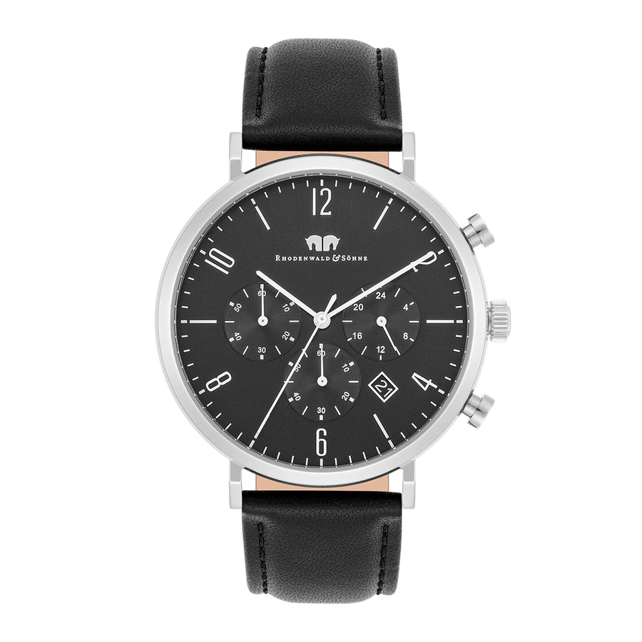 Herren Chronograph silber Echtleder schwarz