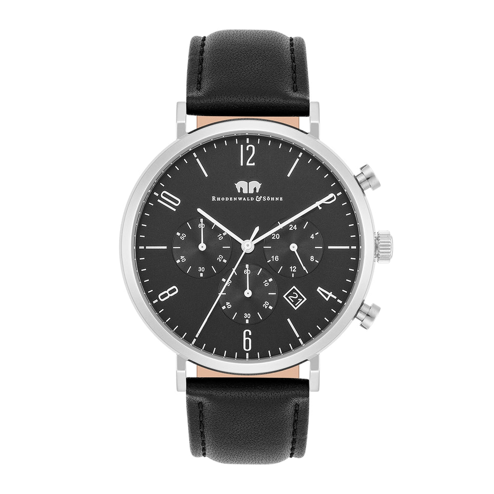 Herren Chronograph silber Echtleder schwarz