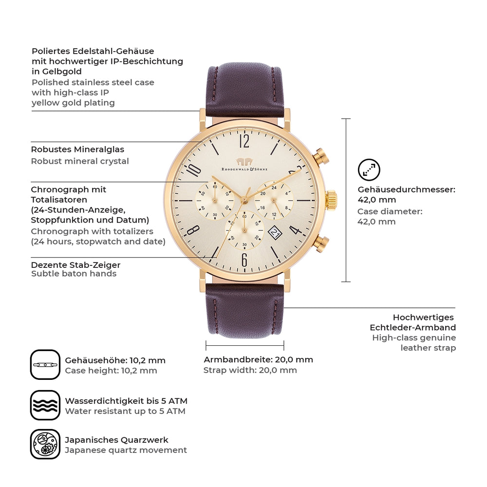 
                  
                    Herren Chronograph gelbgold Echtleder braun
                  
                