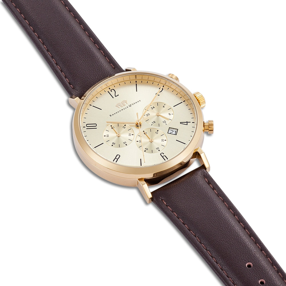 
                  
                    Herren Chronograph gelbgold Echtleder braun
                  
                