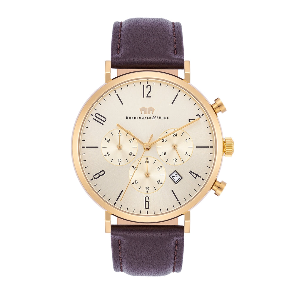 Herren Chronograph gelbgold Echtleder braun