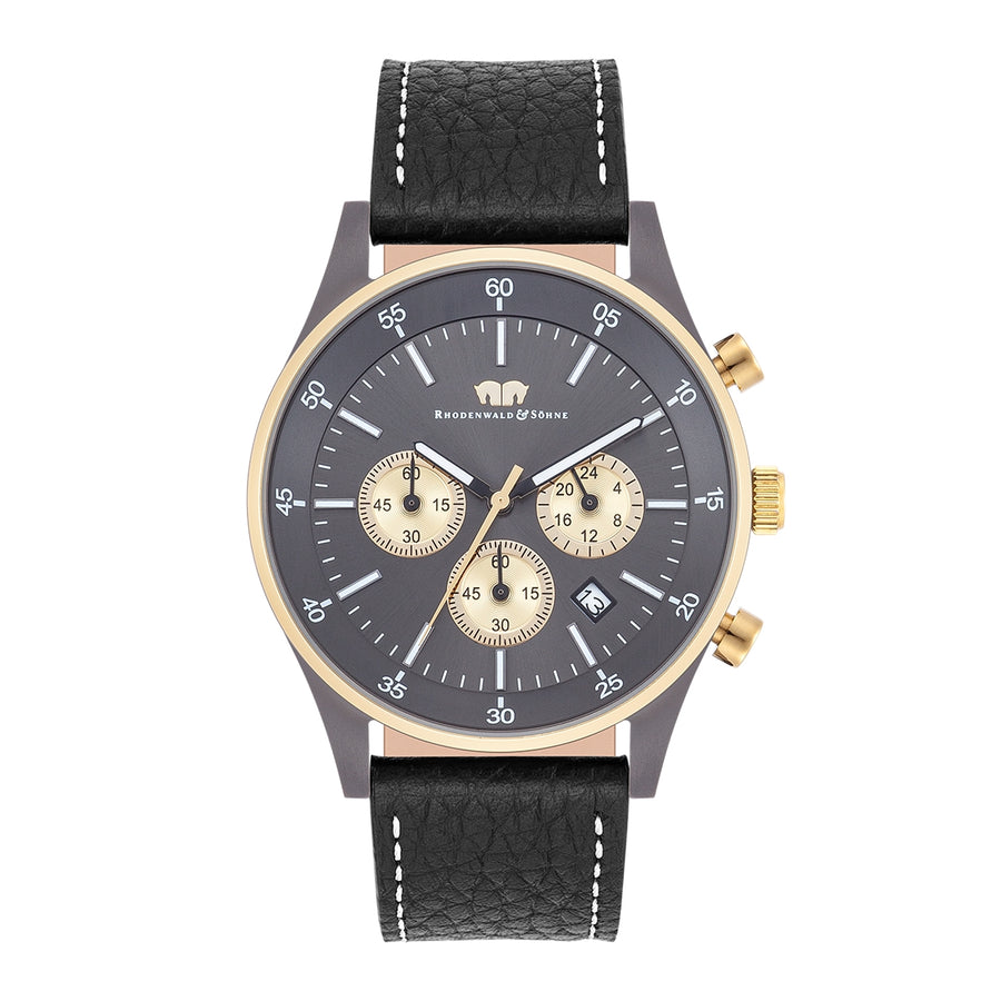 Herren Chronograph gelbgold Echtleder schwarz