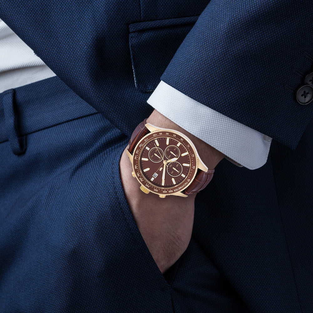 
                  
                    Herren Chronograph gelbgold Echtleder braun
                  
                