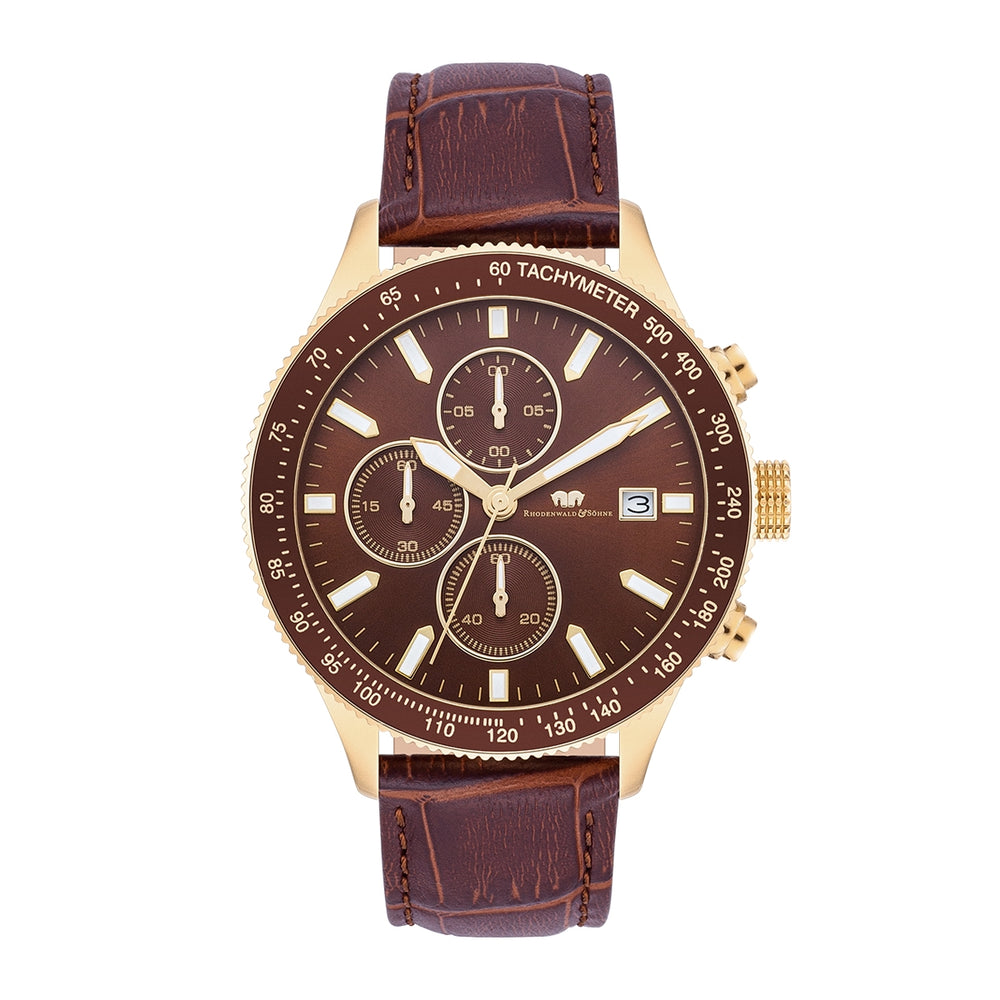 Herren Chronograph gelbgold Echtleder braun