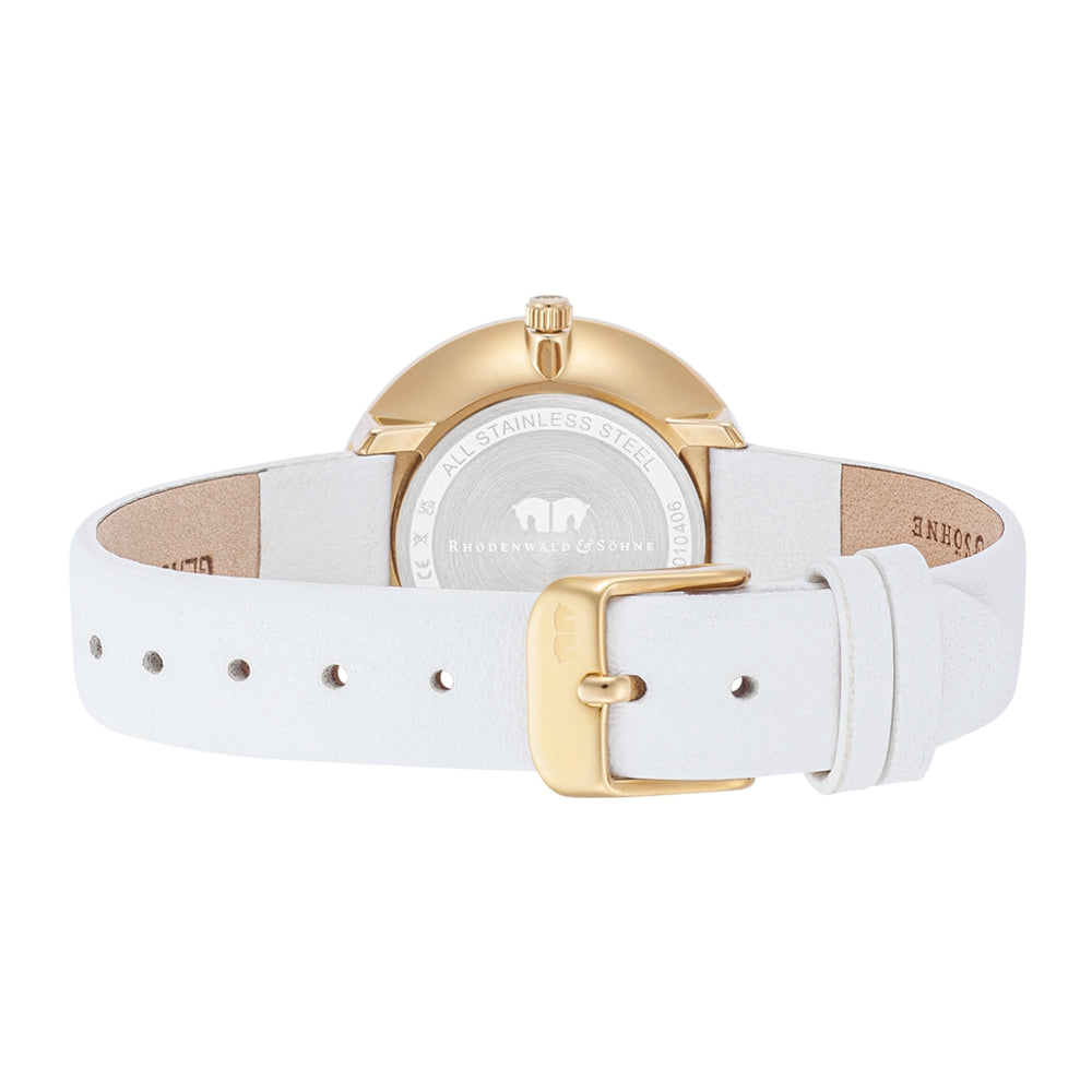 
                  
                    Damen Quarzuhr gelbgold Echtleder weiß
                  
                