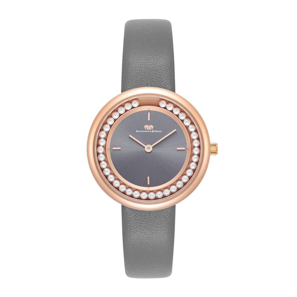 Damen Quarzuhr roségold Echtleder grau
