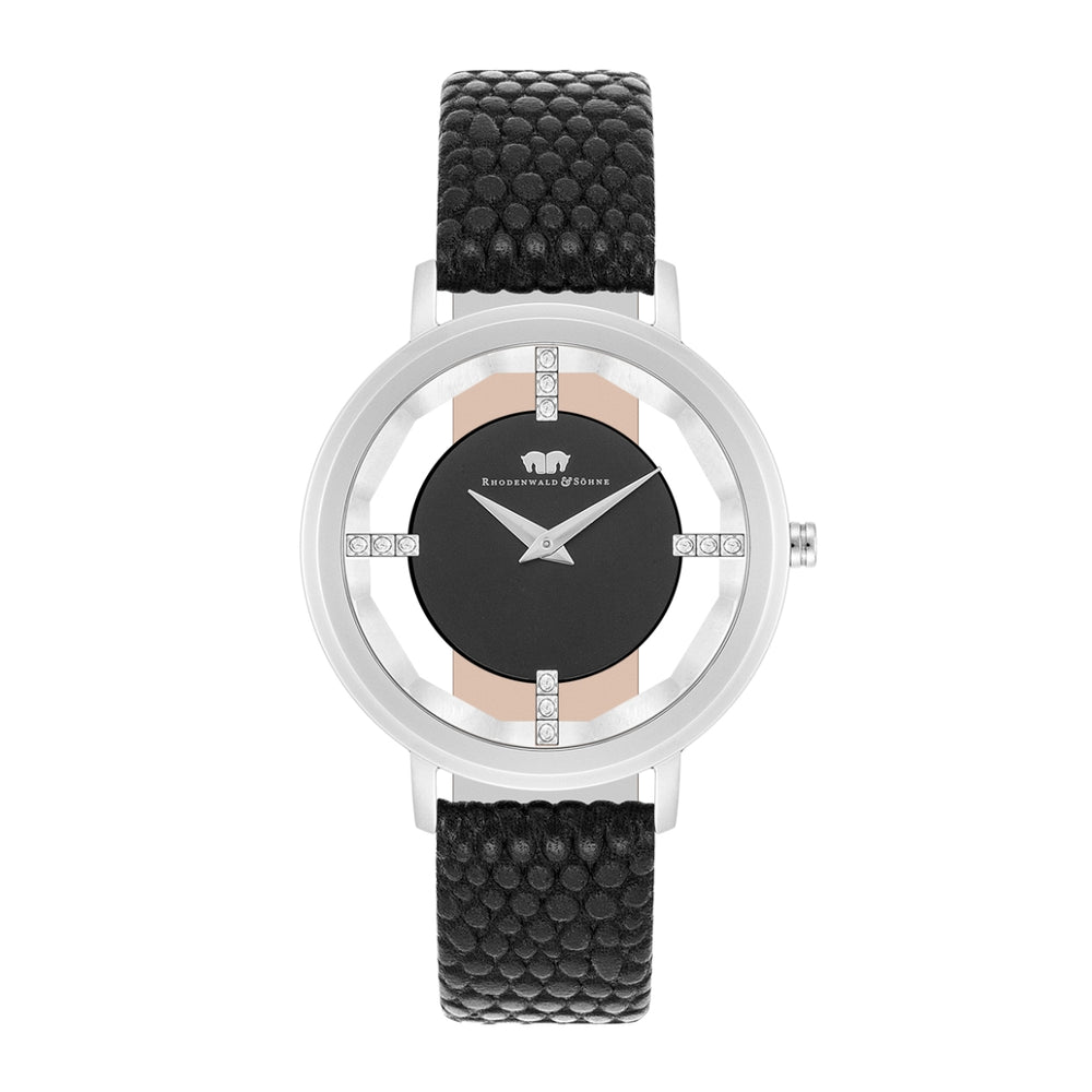 Damen Quarzuhr silber Echtleder schwarz