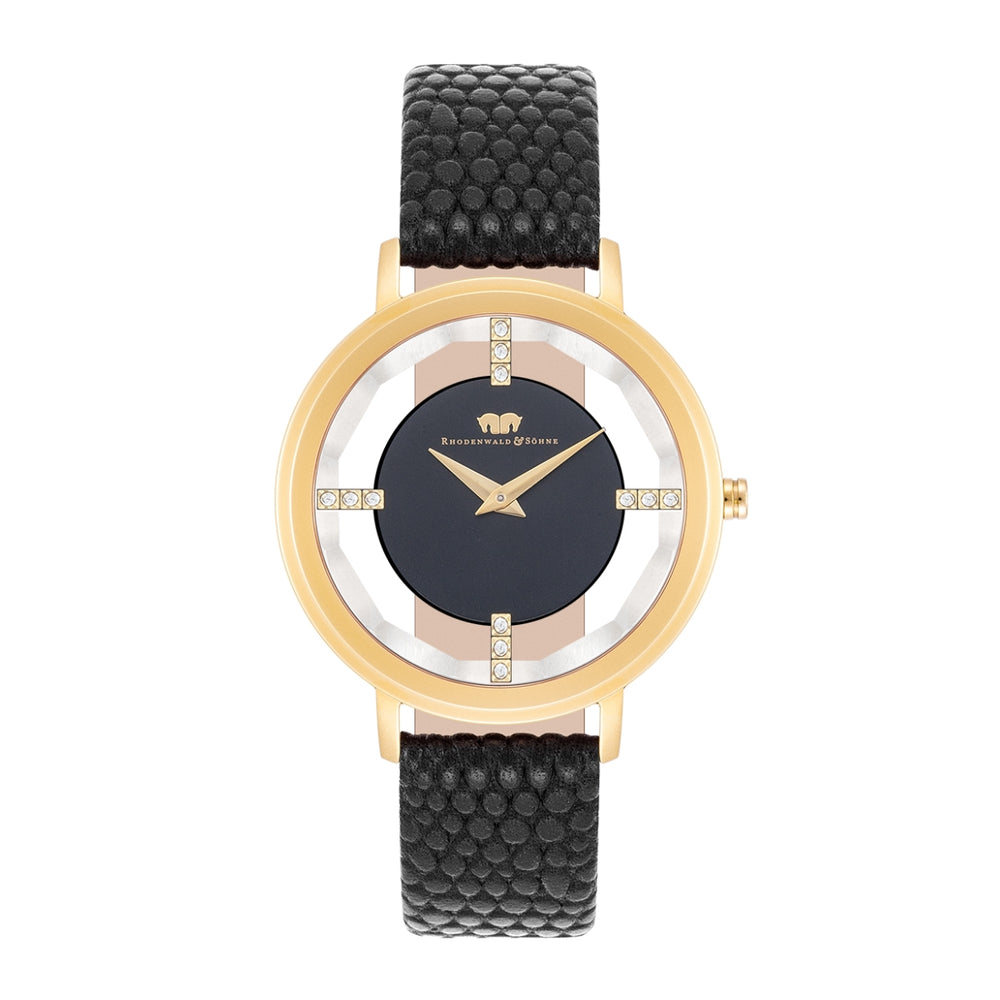 Damen Quarzuhr gelbgold Echtleder schwarz