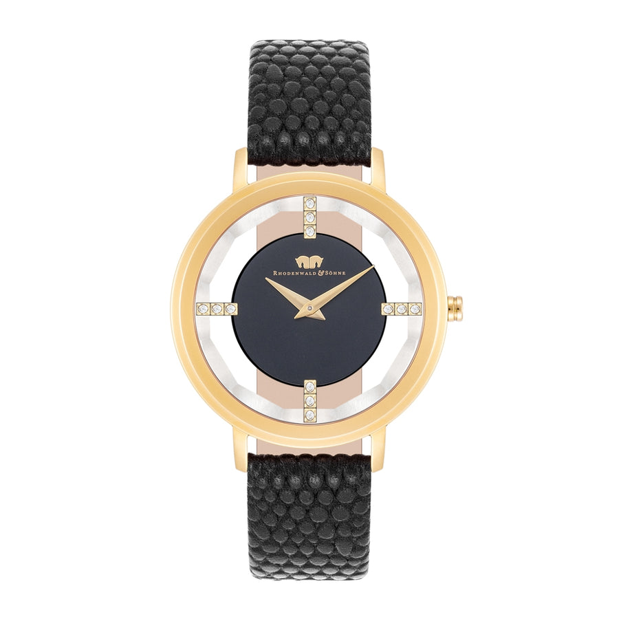 Damen Quarzuhr gelbgold Echtleder schwarz