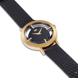 Damen Quarzuhr gelbgold Echtleder schwarz